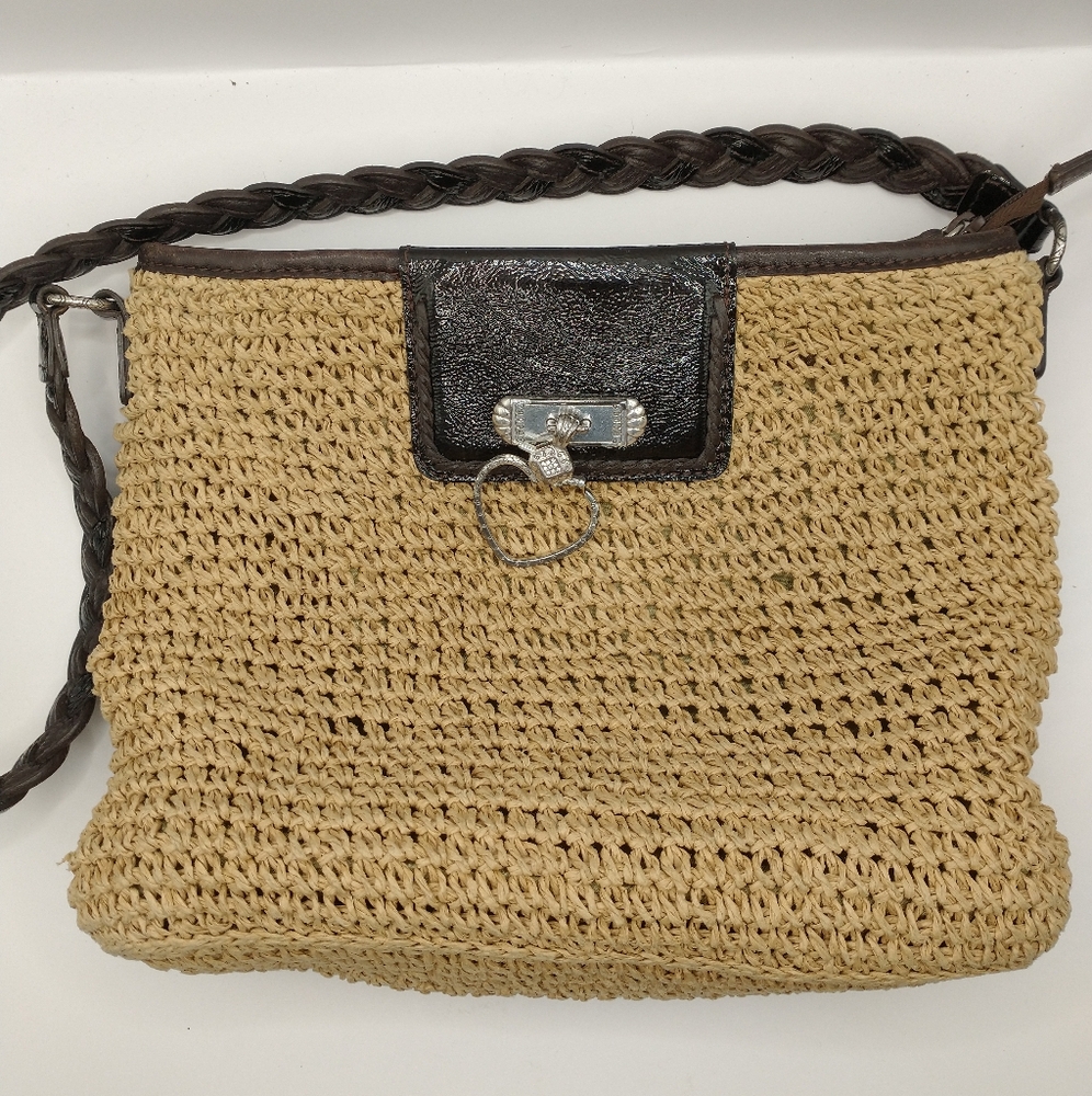 Brighton Straw Shoulder Bag Purse Leather Strap Heart Charm Front